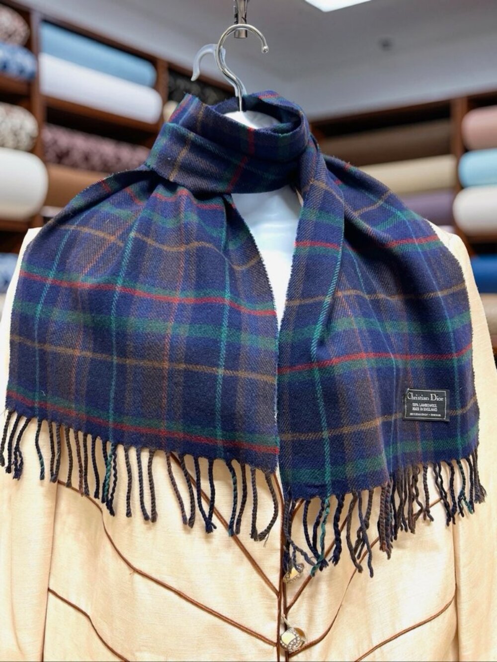 England Made Christian Dior Wool Scaf 60"x12" blue red green check Fringe(32